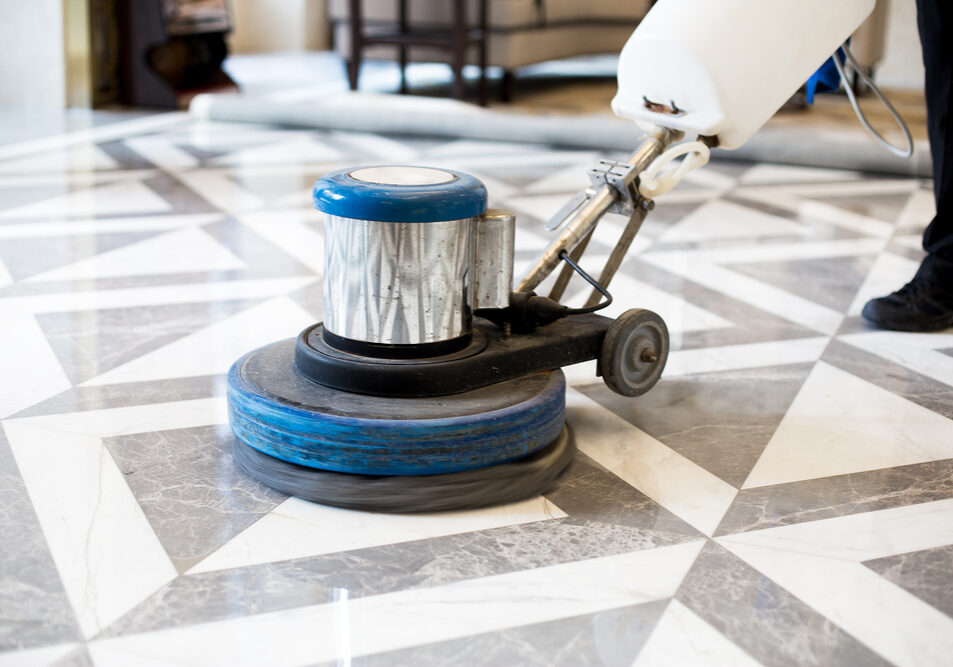 Man,Polishing,Marble,Floor,In,Modern,Office,Building